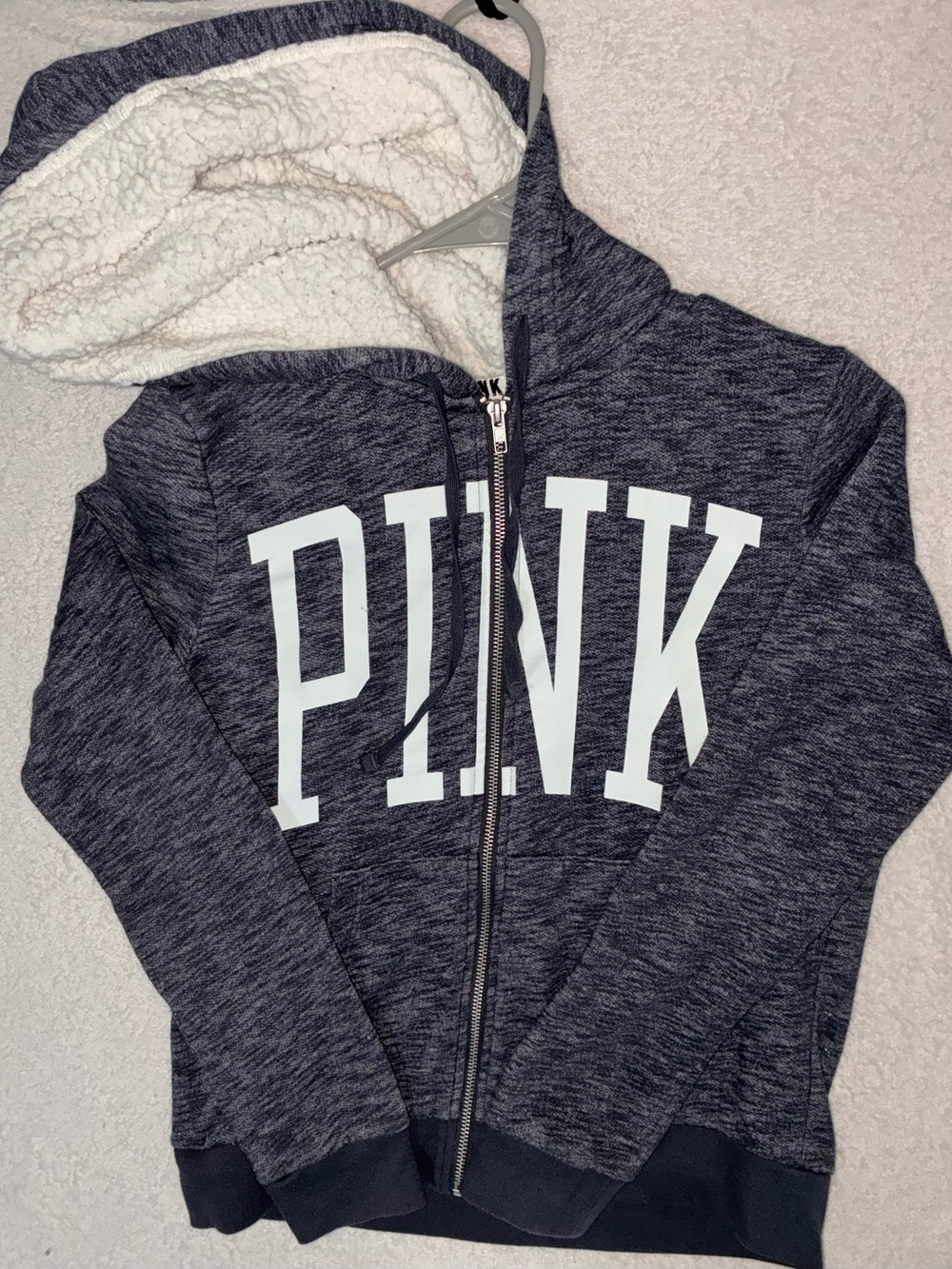 PINK Victoria's Secret Navy Heather Sherpa-Lined Zip Hoodie